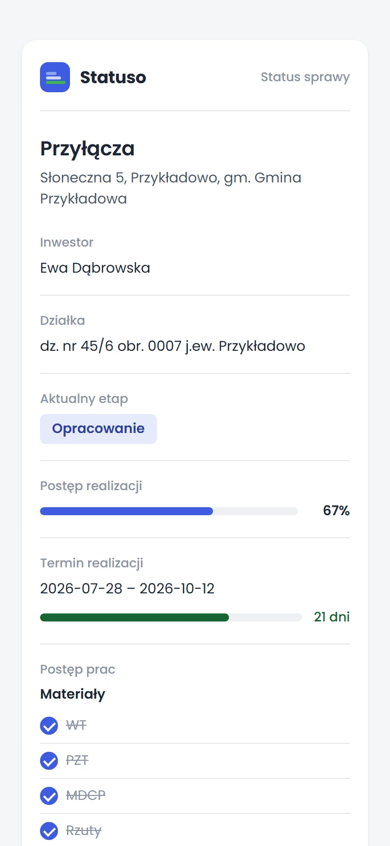 Strona statusu sprawy otwarta na telefonie inwestora, z etapem i ustaleniami