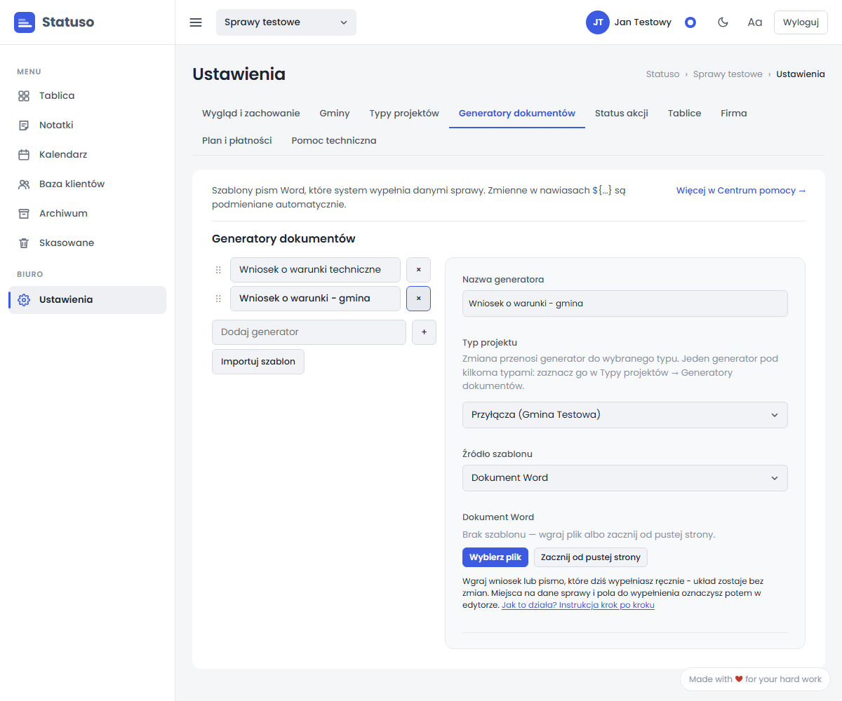 Panel nowego generatora: nazwa, typ projektu, źródło szablonu Word i przycisk Wybierz plik