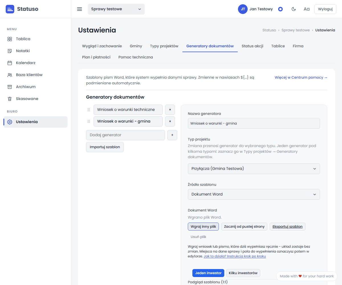 Panel generatora zaraz po wgraniu pliku Word, z przyciskami Wgraj inny plik i Zacznij od pustej strony