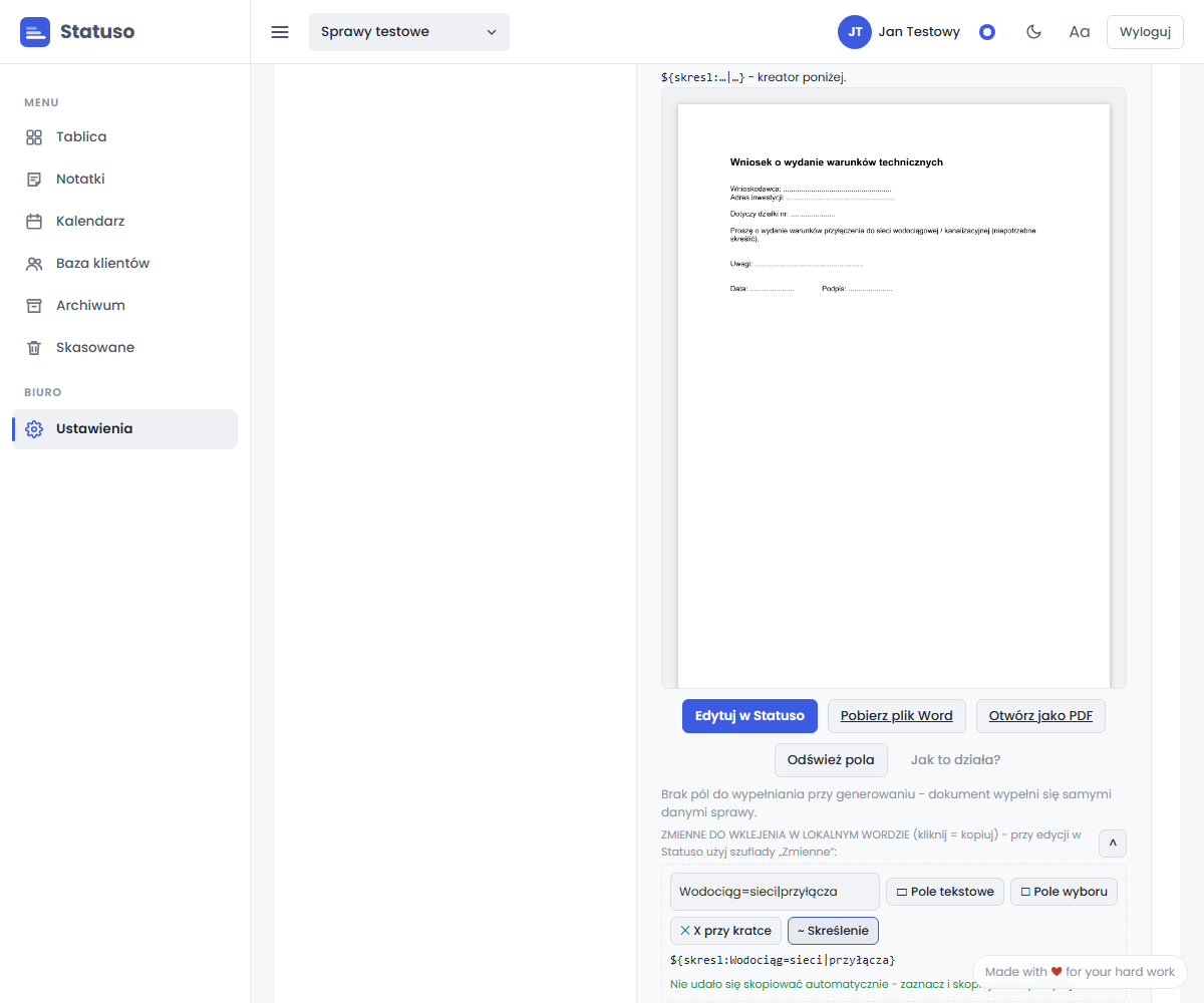 Kreator pól: wpisana etykieta „Wodociąg=sieci|przyłącza” i wygenerowany znacznik skreślenia gotowy do skopiowania