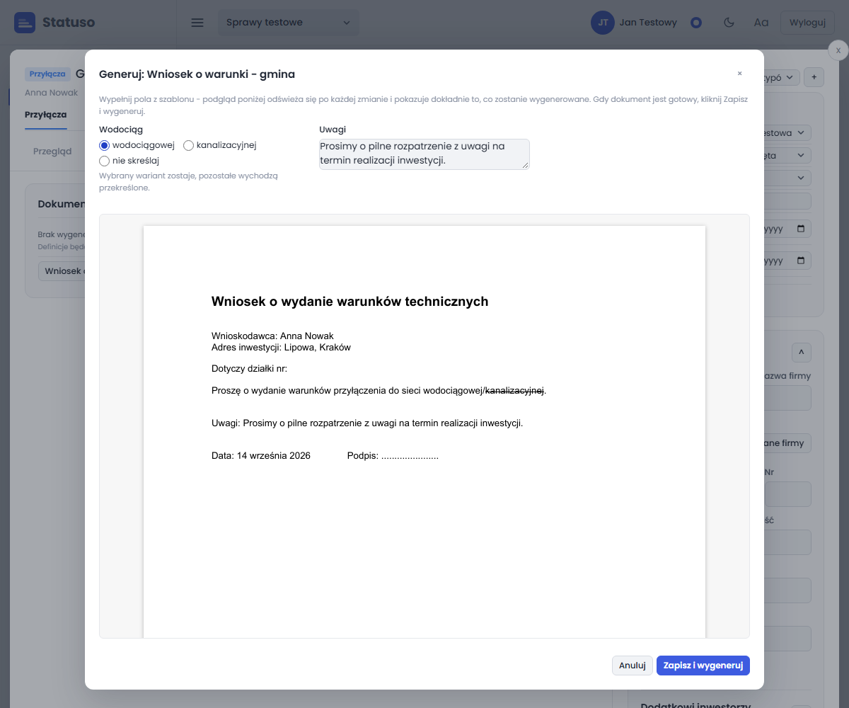 Formularz generowania z wypełnionymi polami (wybrany wariant skreślenia, wpisana uwaga) i odświeżonym podglądem dokumentu z podstawionymi danymi sprawy