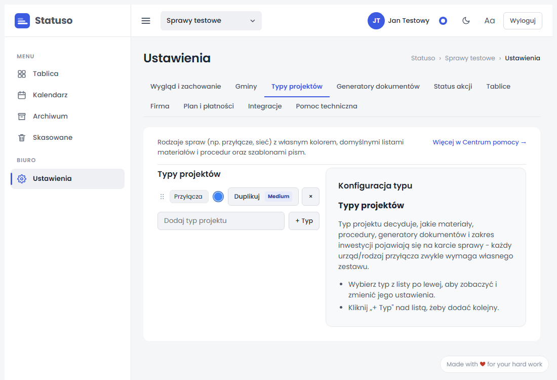 Ekran Ustawienia → Typy projektów z listą skonfigurowanych typów