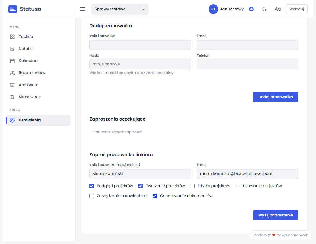 Wypełniony formularz zaproszenia linkiem z zaznaczonymi uprawnieniami