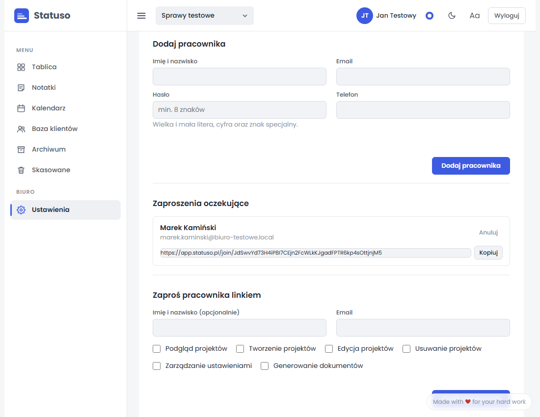 Wygenerowany link zaproszenia na liście zaproszeń oczekujących, z przyciskami Kopiuj i Anuluj